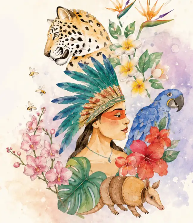 Onça, arara, tamanduá e figura indígena em aquarela