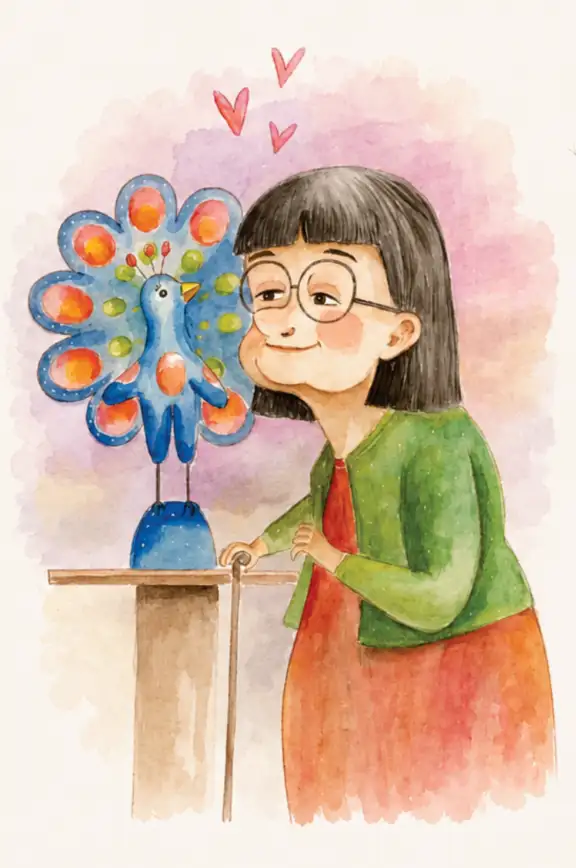 Menina ao lado de um pavão azul em aquarela