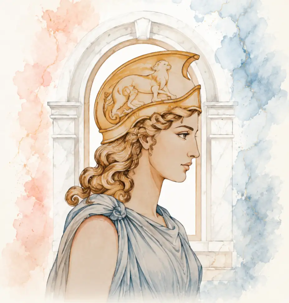 Retrato de uma figura histórica com capacete dourado