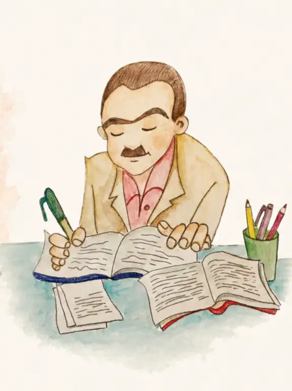 Escritor de bigode lendo e escrevendo em seus livros