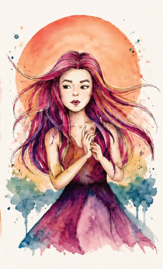 Personagem de cabelos violeta em aquarela