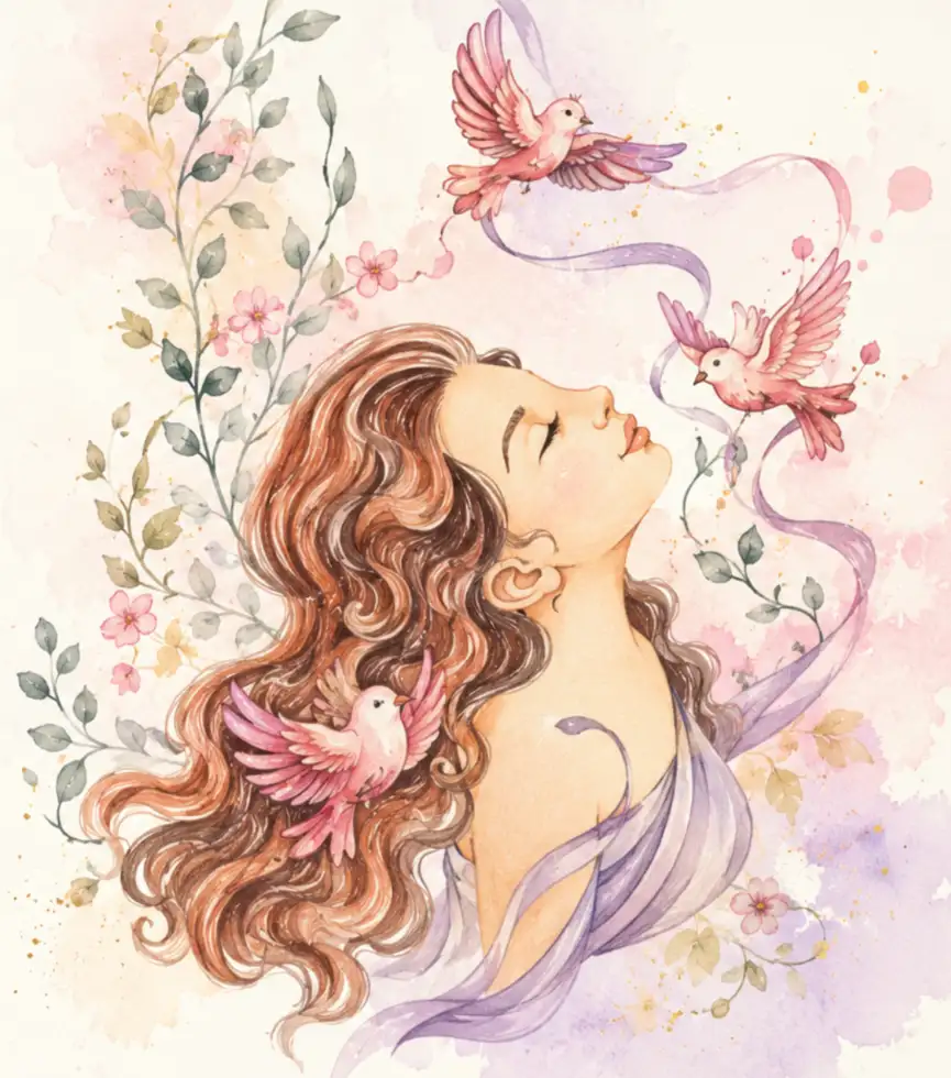 Mulher com olhos fechados e pássaros cor-de-rosa